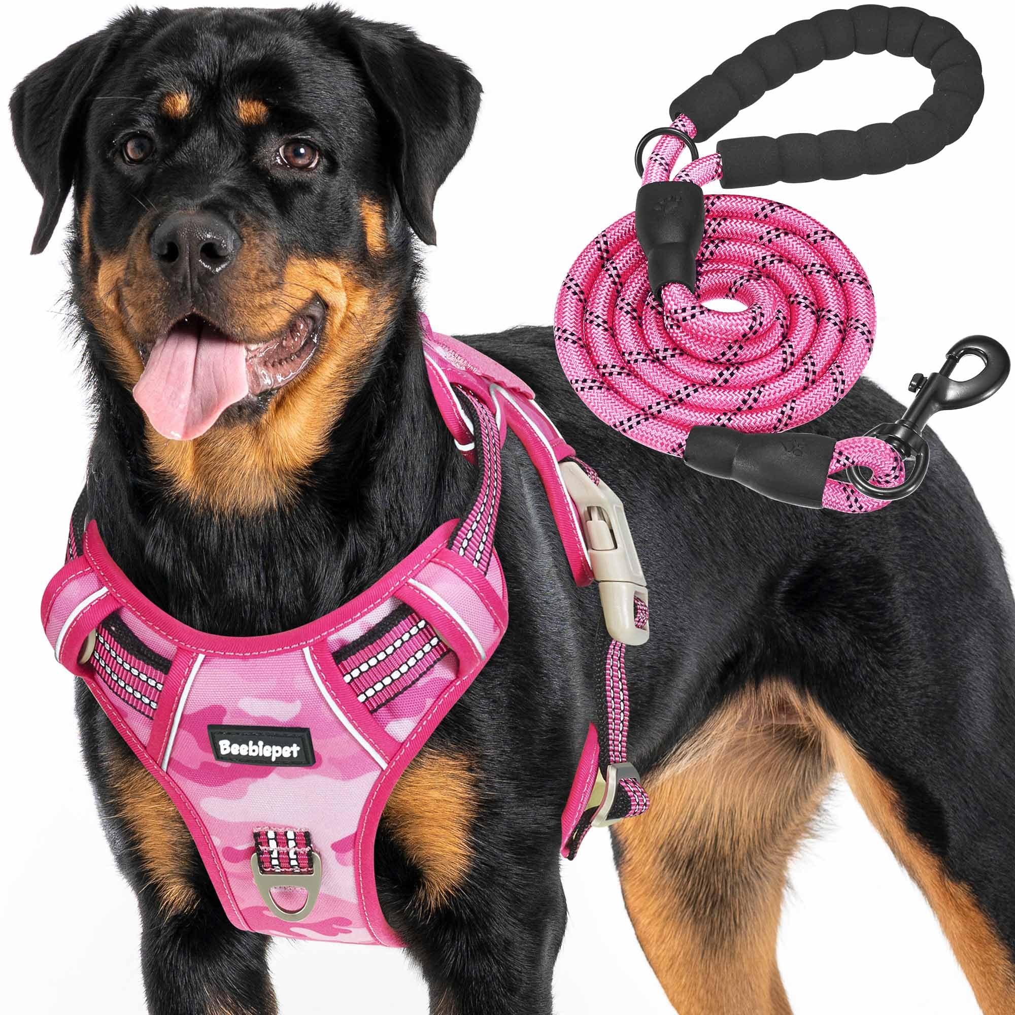 Beebiepet heavy-duty tactical dog harness front view in pink camo for controlled walks.