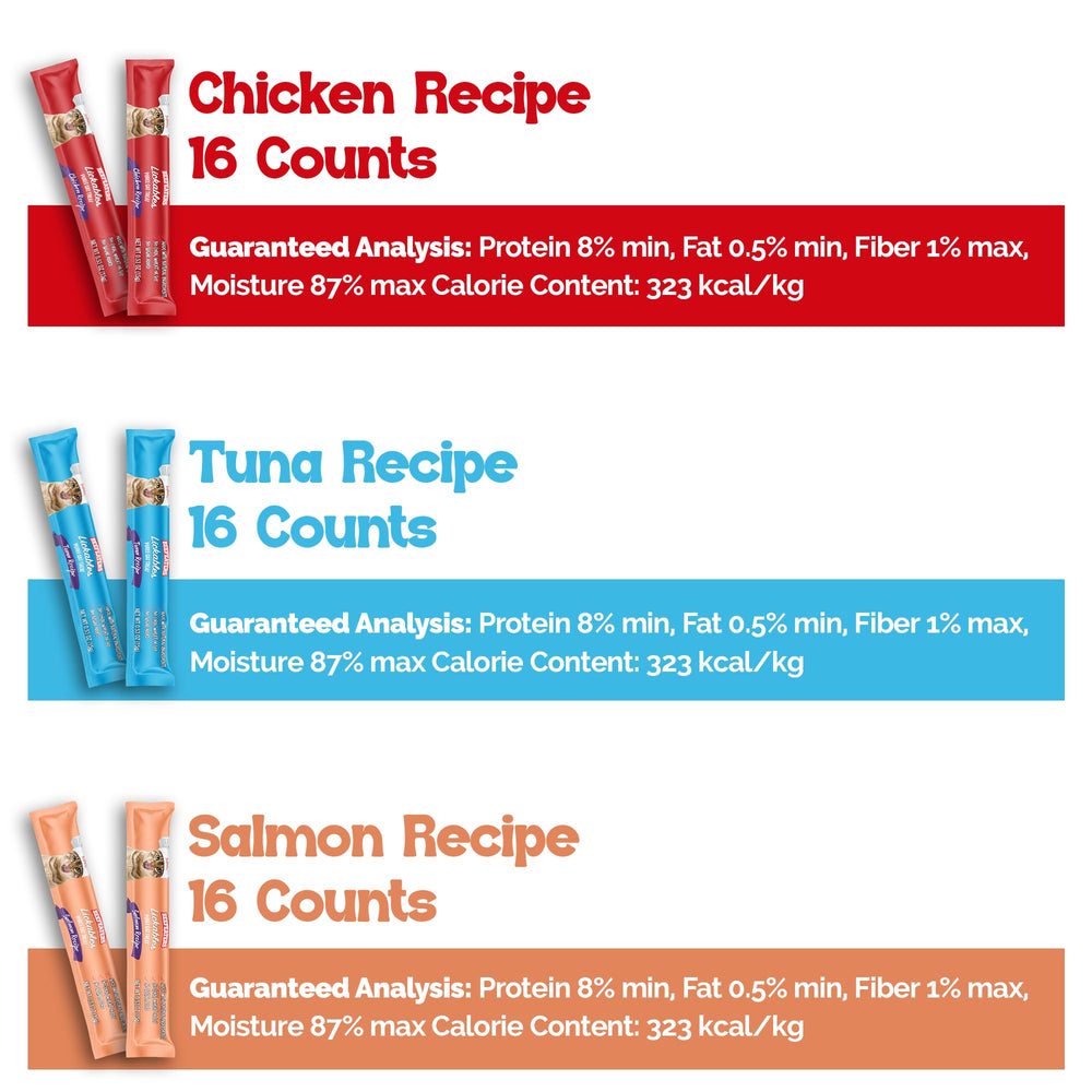 Beefeaters cat treats tubes display salmon, tuna, and chicken flavors supporting hydration and palatability.