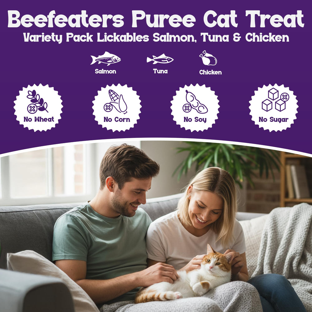 Beefeaters cat treats love of tubes closeup, showing texture ideal for topper or bowl feeding.