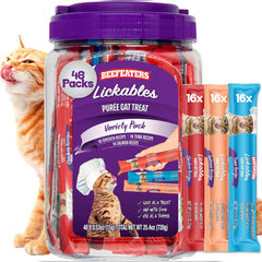 Beefeaters cat treats variety pack tubes closeup featuring salmon, tuna, and chicken flavors for hydration-friendly treats.