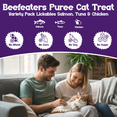 Beefeaters cat treats love of tubes closeup, showing texture ideal for topper or bowl feeding.