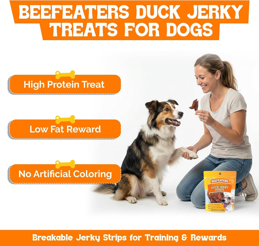 Beefeaters tiras de pato secas, textura masticable para sesiones de adiestramiento