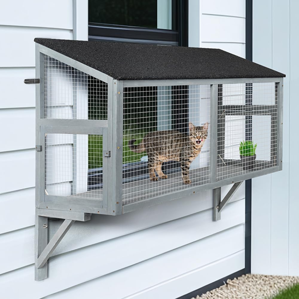 beeNbkks catio front view highlights a secure outdoor-inspired perch for curious indoor cats.