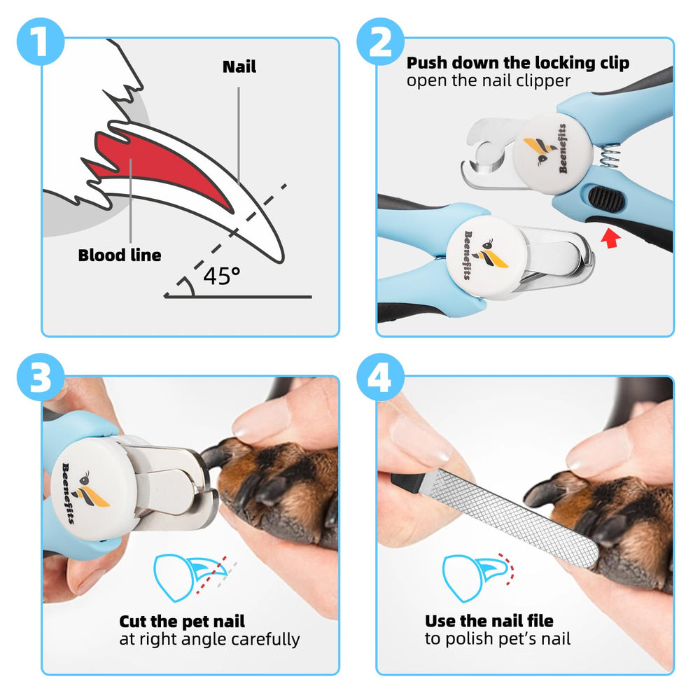 Beenefits blue dog nail clippers packaged for home grooming setup.