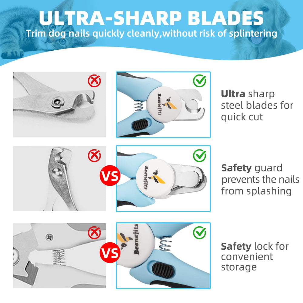 Beenefits large dog nail clippers safety baffle reduces nail spray during trimming.