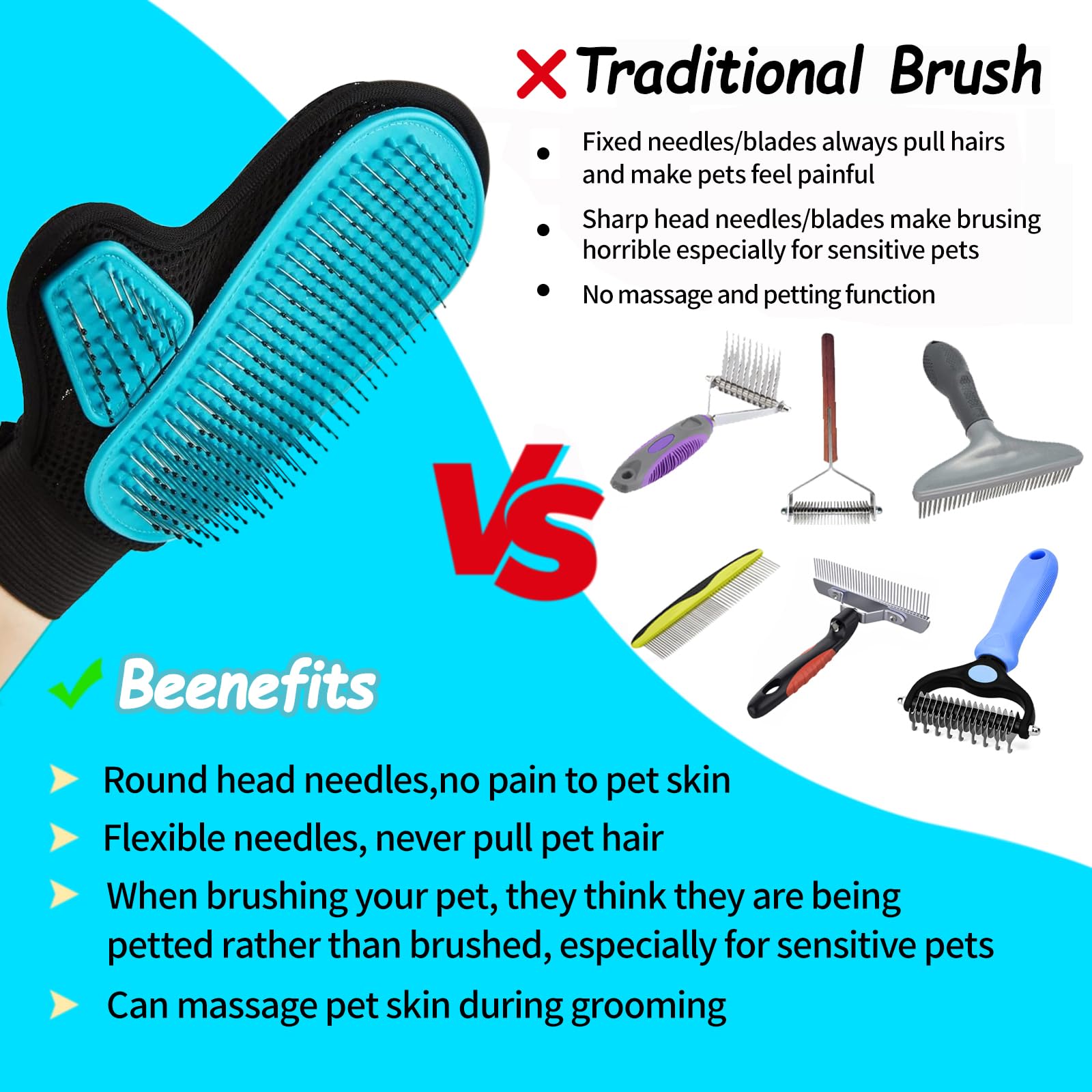 Beenefits skin-safe rounded pins image demonstrates pain-free petting and gentle brushing