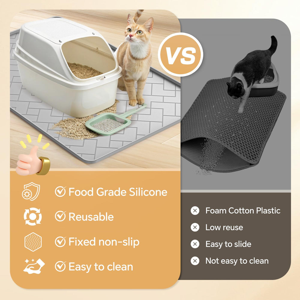 Beenxmyy silicone cat litter mat with raised edges highlights leak protection and litter containment.