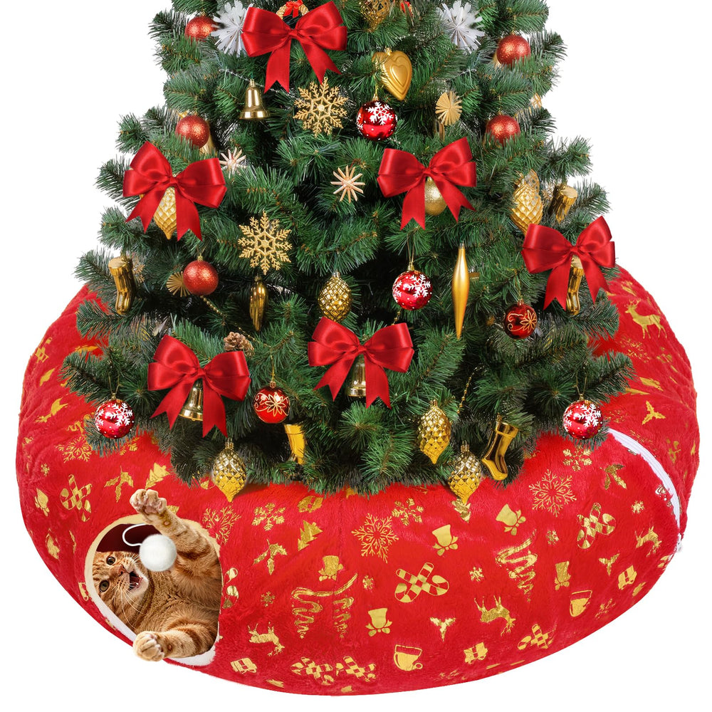 Beeplove cat-tunnel-tree-skirt-red protects ornaments and creates a playful under-tree space.
