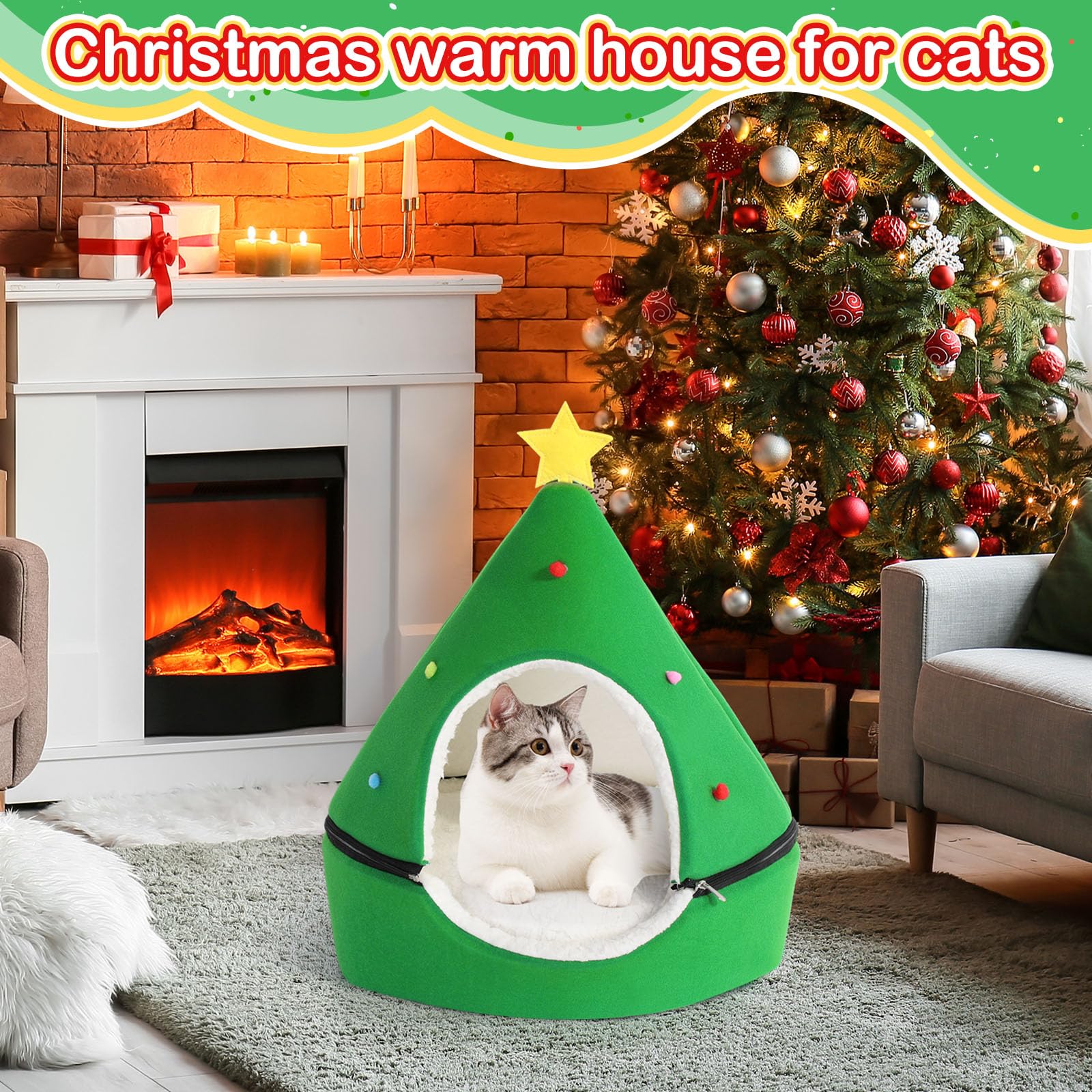 Beeveer Green Christmas Tree Cat House dimensions show base and height for fit guidance