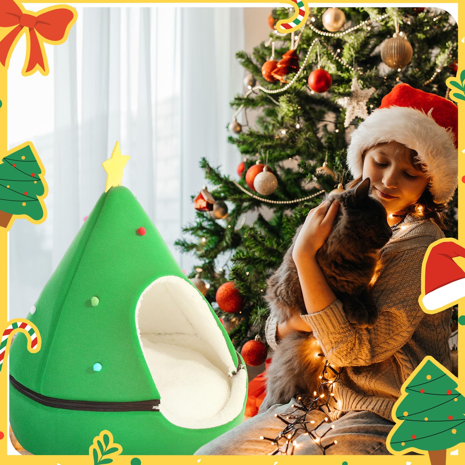 Beeveer Green Christmas Tree Cat House packaging highlights easy cleaning features