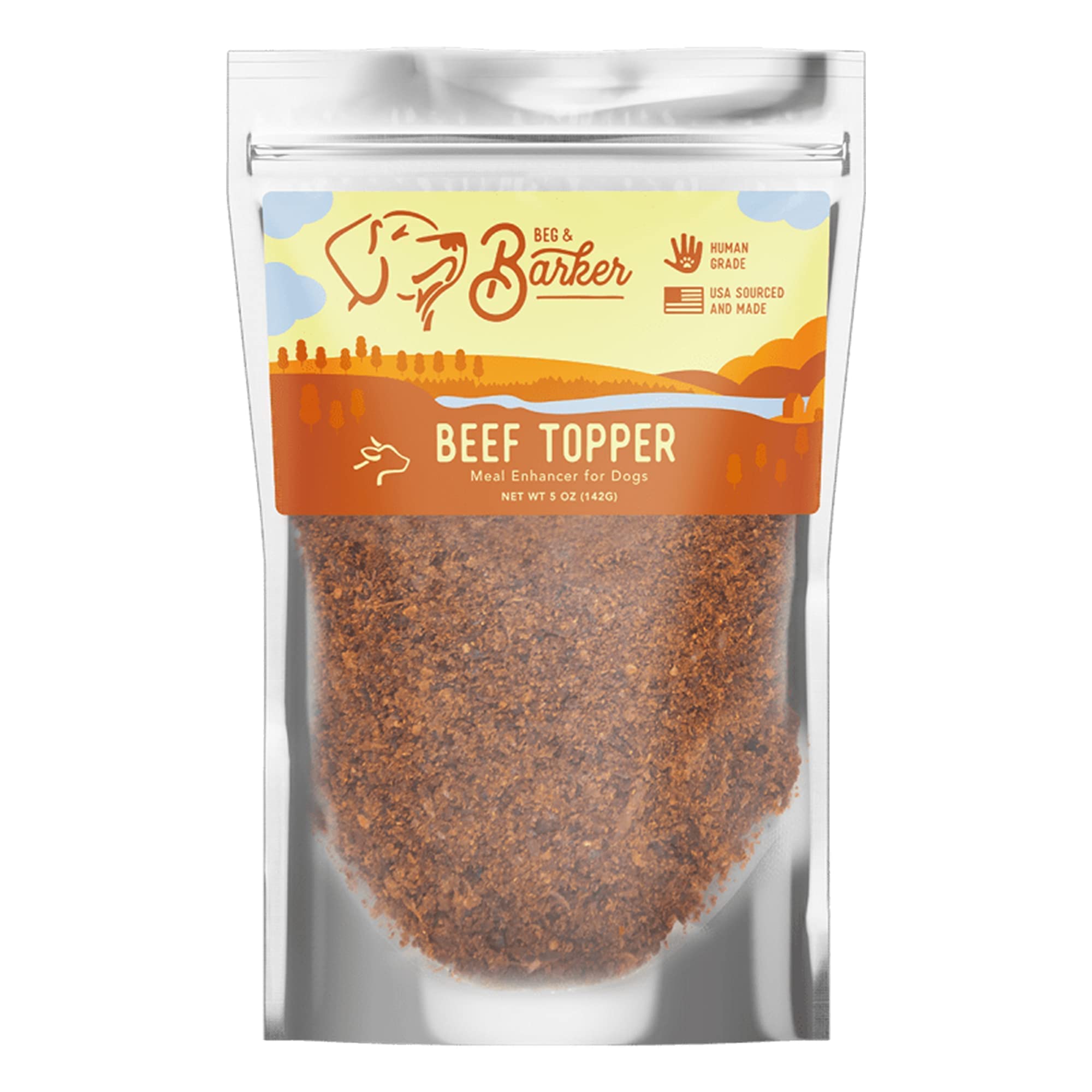 Beg & Barker Beef Dog Topper bag being poured for easy meal enhancement with real beef flavor.