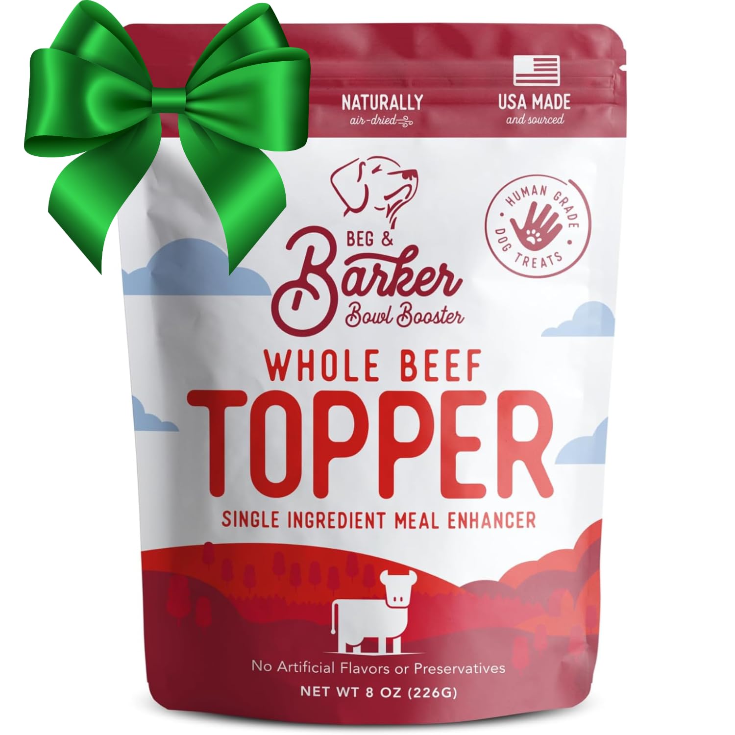 Beg & Barker beef dog food topper in a bowl boosts flavor at mealtime