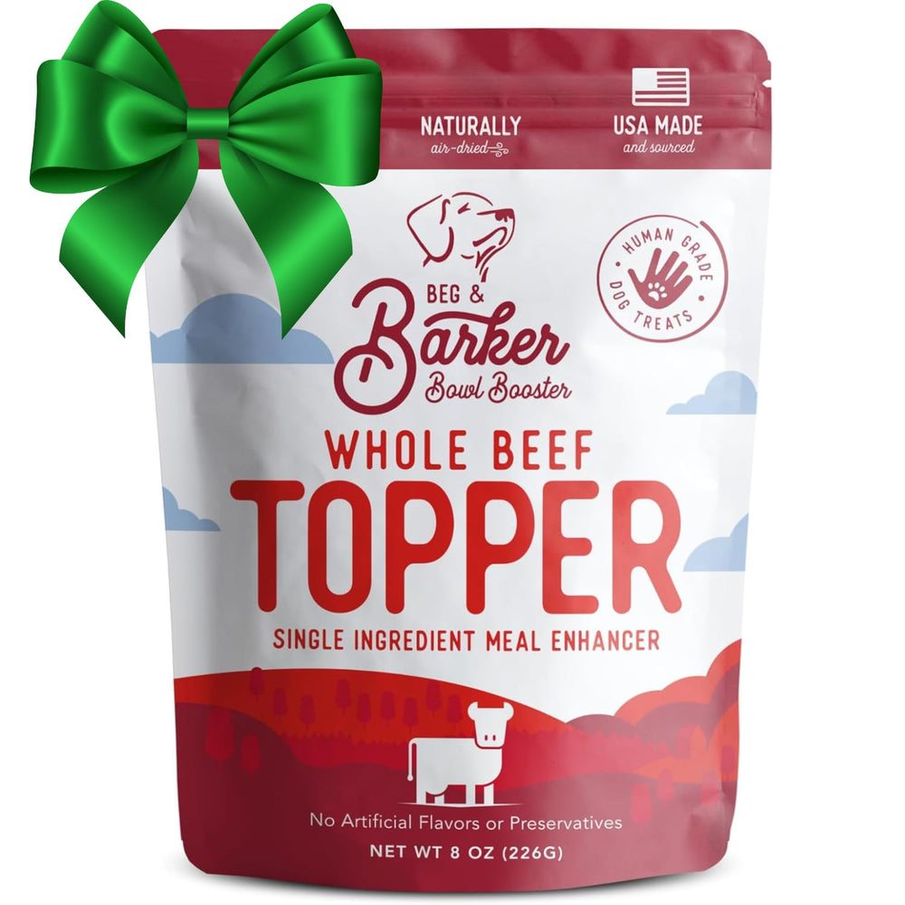 Beg & Barker beef dog food topper in a bowl boosts flavor at mealtime