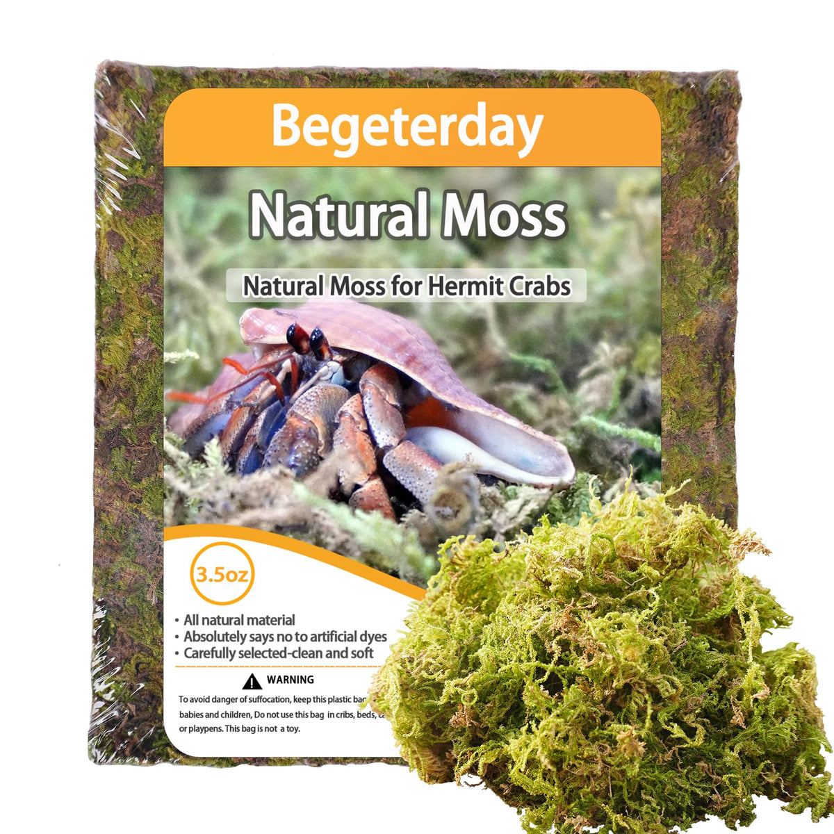 Begeterday natural moss 3-5oz package showing compact moss for humid enclosures