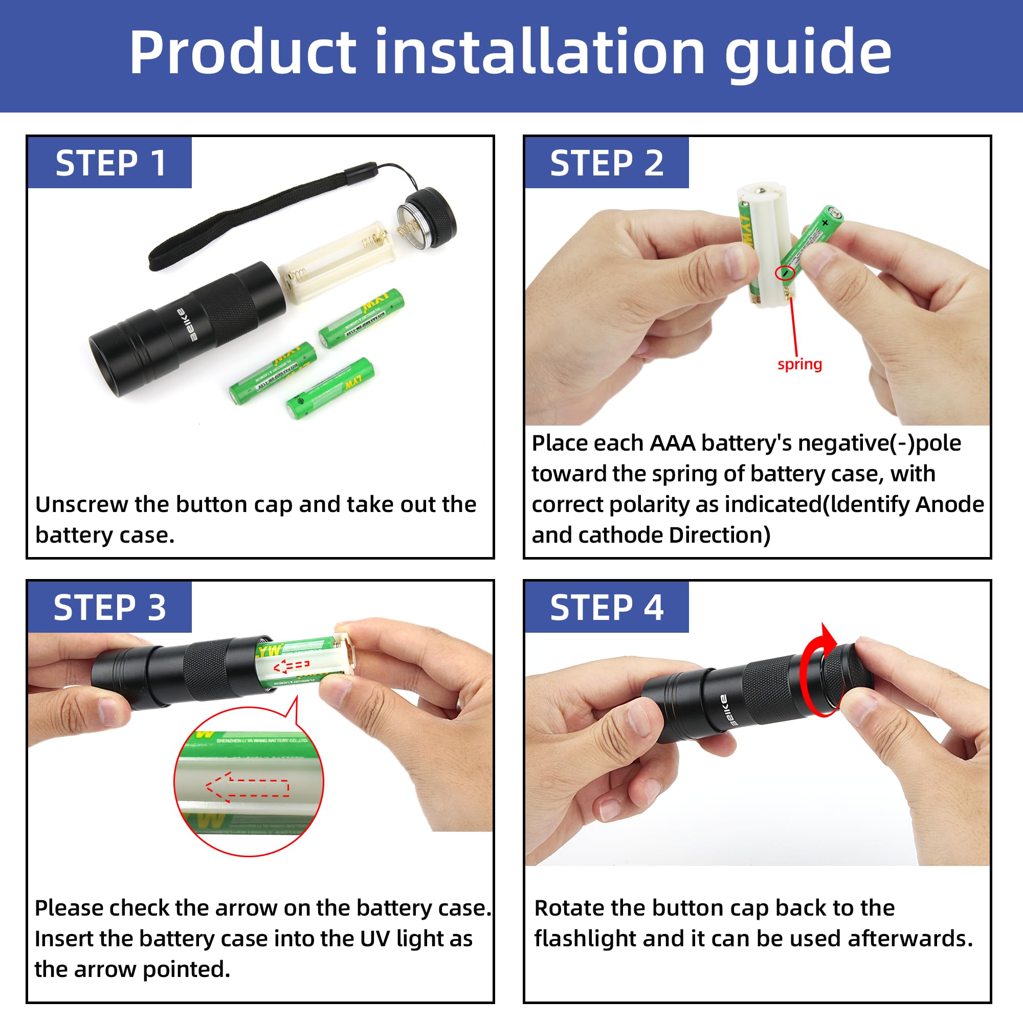 BEIKE mini UV flashlight includes AAA batteries for immediate testing.