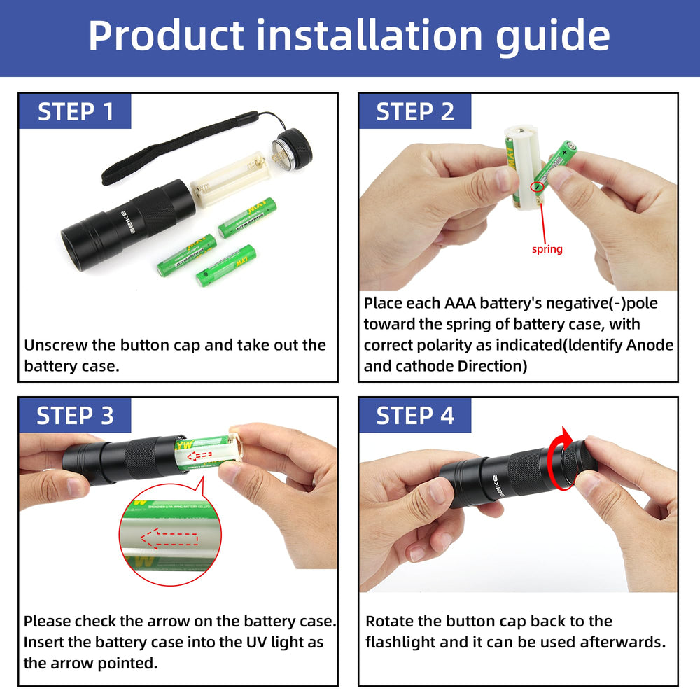 BEIKE mini UV flashlight includes AAA batteries for immediate testing.