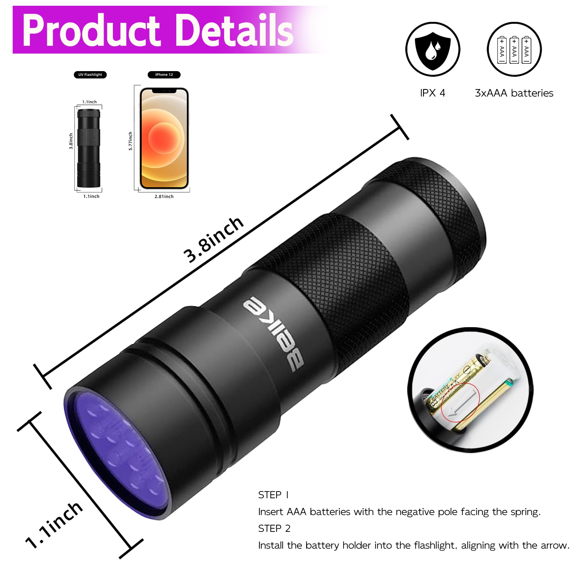 BEIKE mini UV flashlight detects pet urine on carpets for quick cleaning decisions.