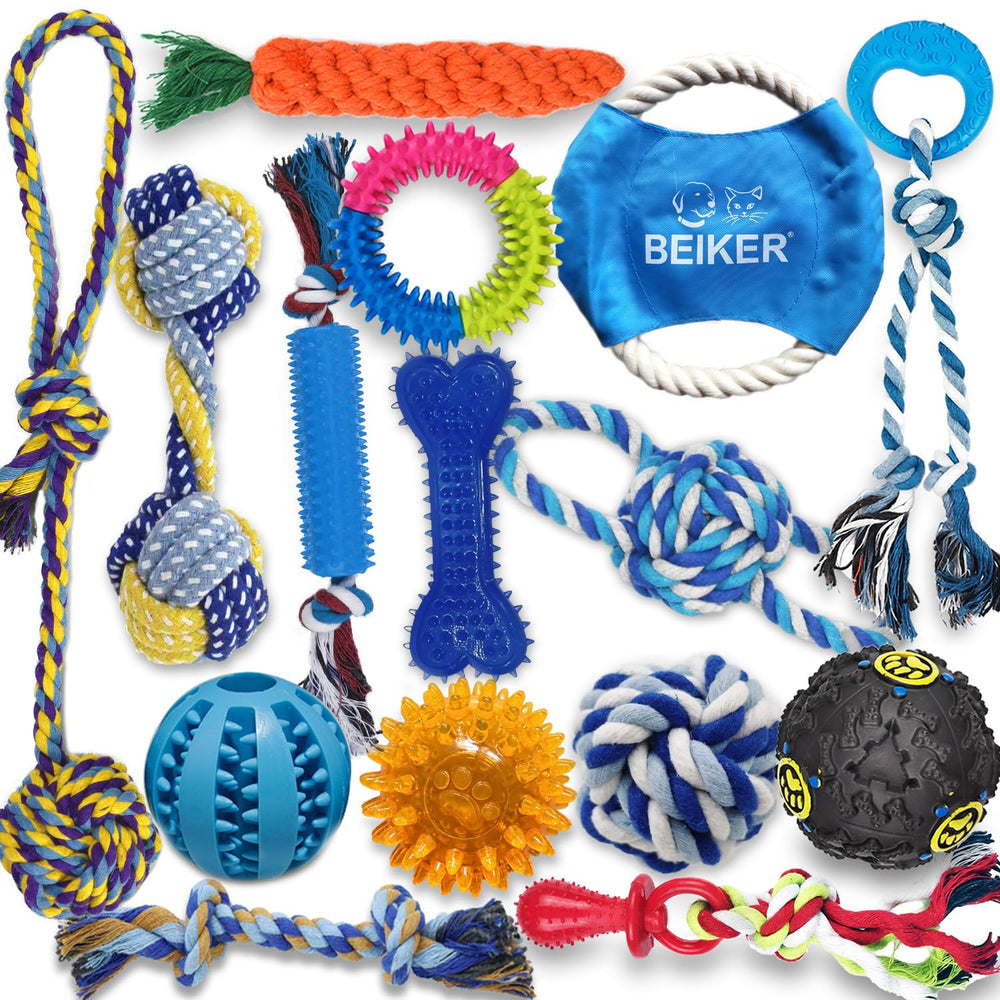 Beiker dog teething toys 15-pack pack shot shows varied chews for teething relief