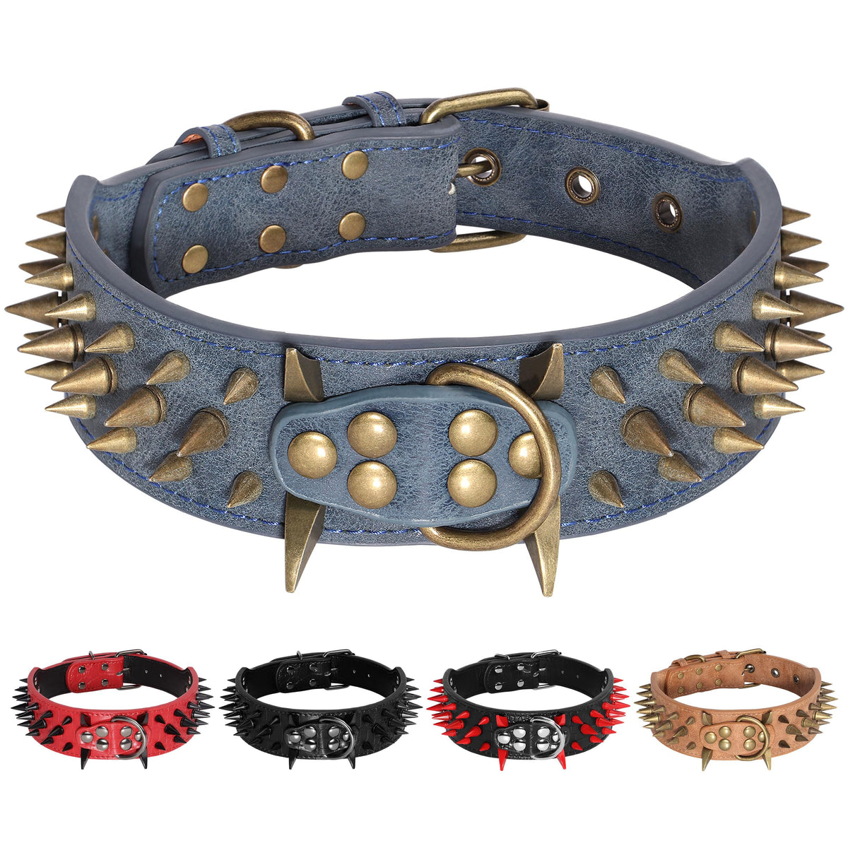 Beirui heavy-duty spiked dog collar in blue, front view for confident daily walks.