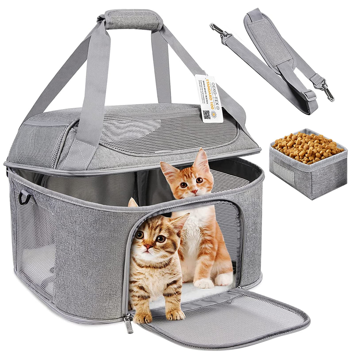Bejibear large cat carrier gray front view, spacious interior for comfortable travel.