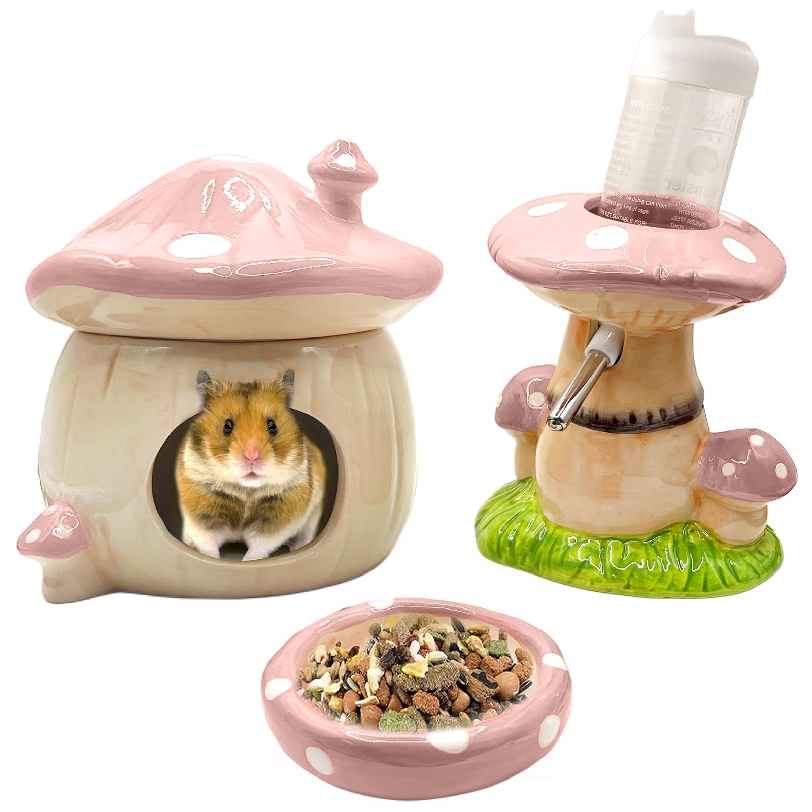 BELEATAL mushroom hideout pink ceramic provides a cozy burrow retreat for hamsters.