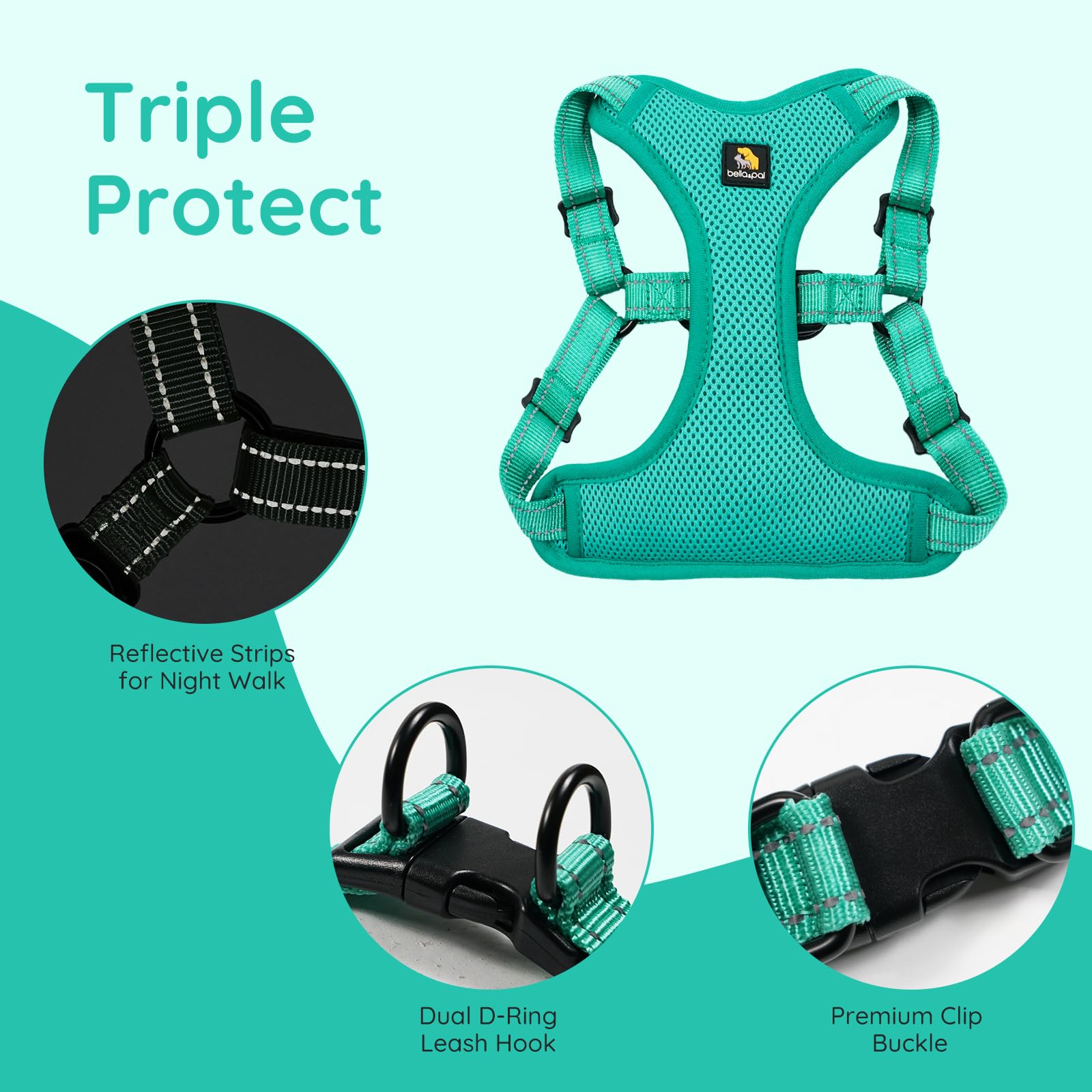 BELLA & PAL harness top-buckle close-up showing easy on/off design.