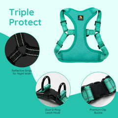 BELLA & PAL harness top-buckle close-up showing easy on/off design.