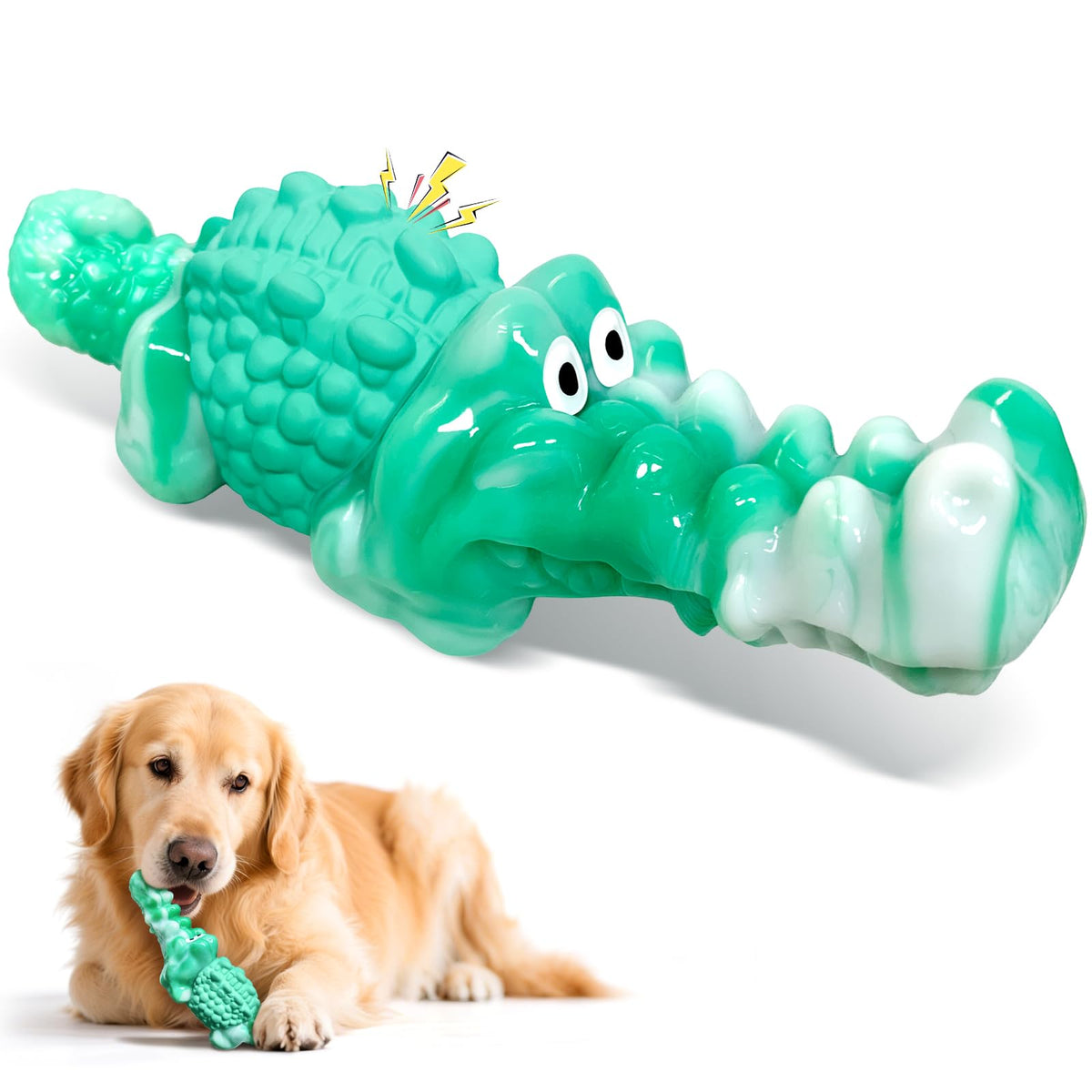 BellaWagg alligator toy closeup highlights durable chew surface for aggressive chewers