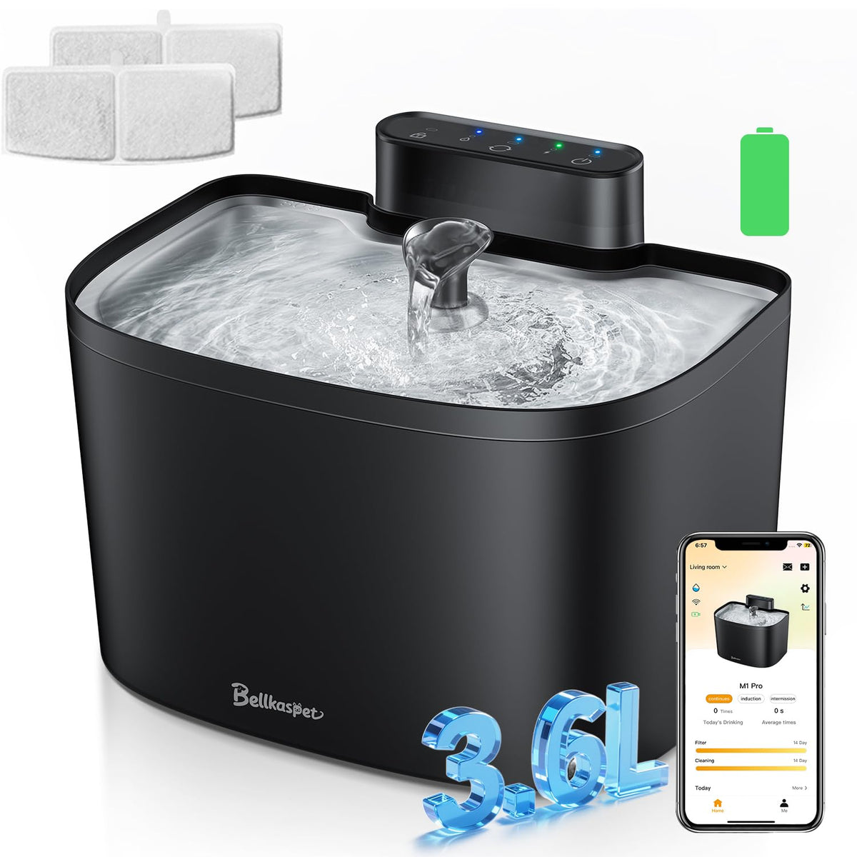 Bellkaspet cat water fountain front view showing compact, space-saving design for any room