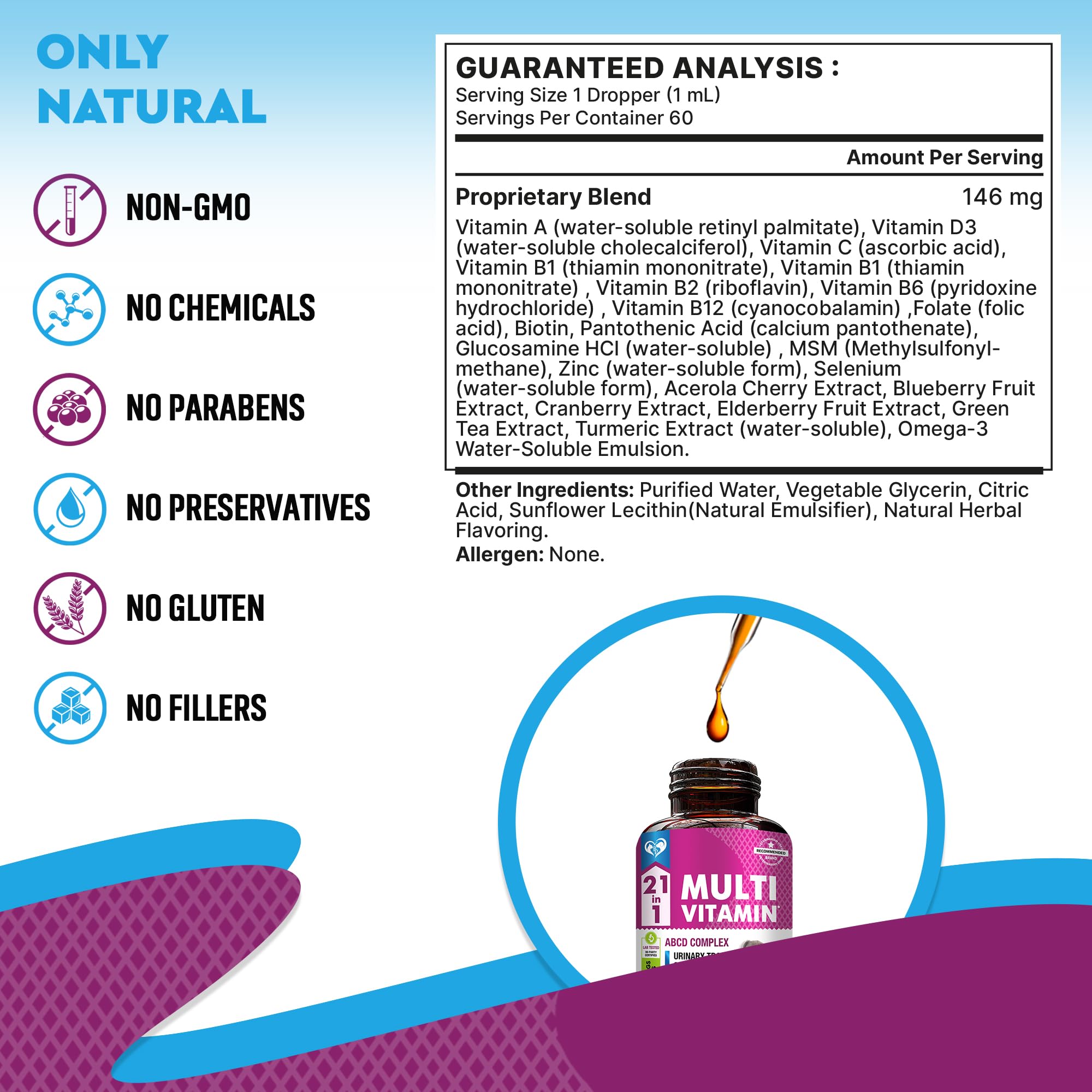 Beloved Pets all-breeds multivitamin liquid poured over food for daily nutrition.