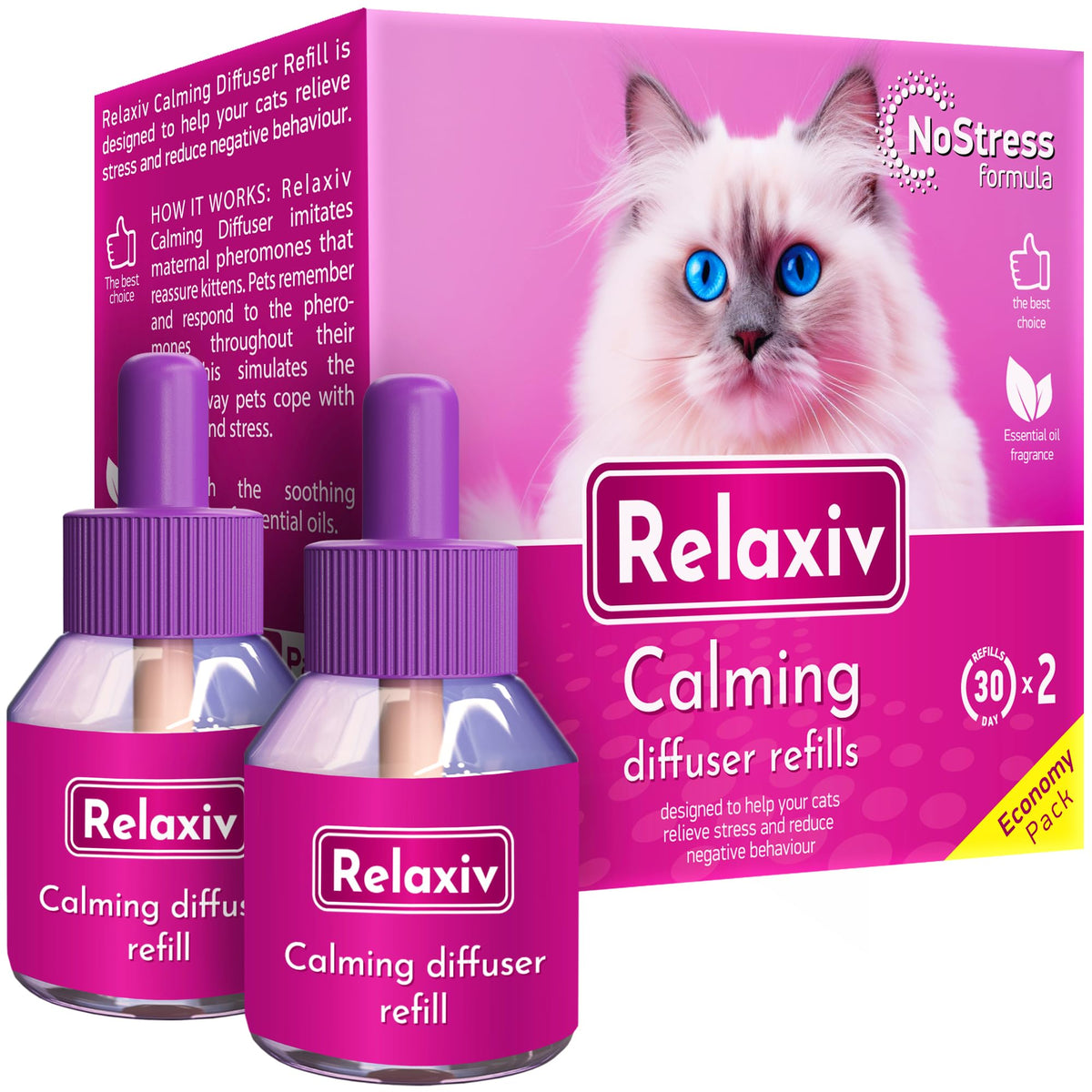 Beloved Pets calm cat diffuser refill 2-pack supports a calmer home for multi-cat households.