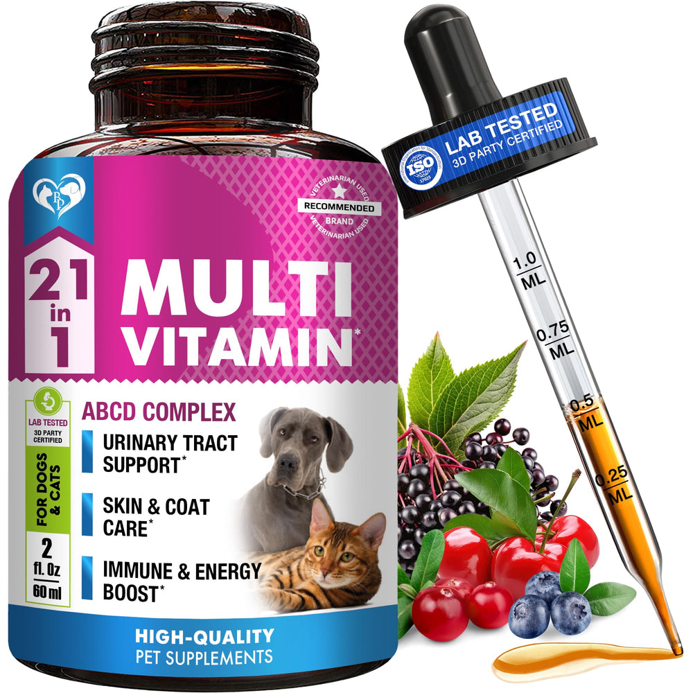 Beloved Pets Cat & Dog Multivitamin Liquid bottle with cranberry for urinary tract support.
