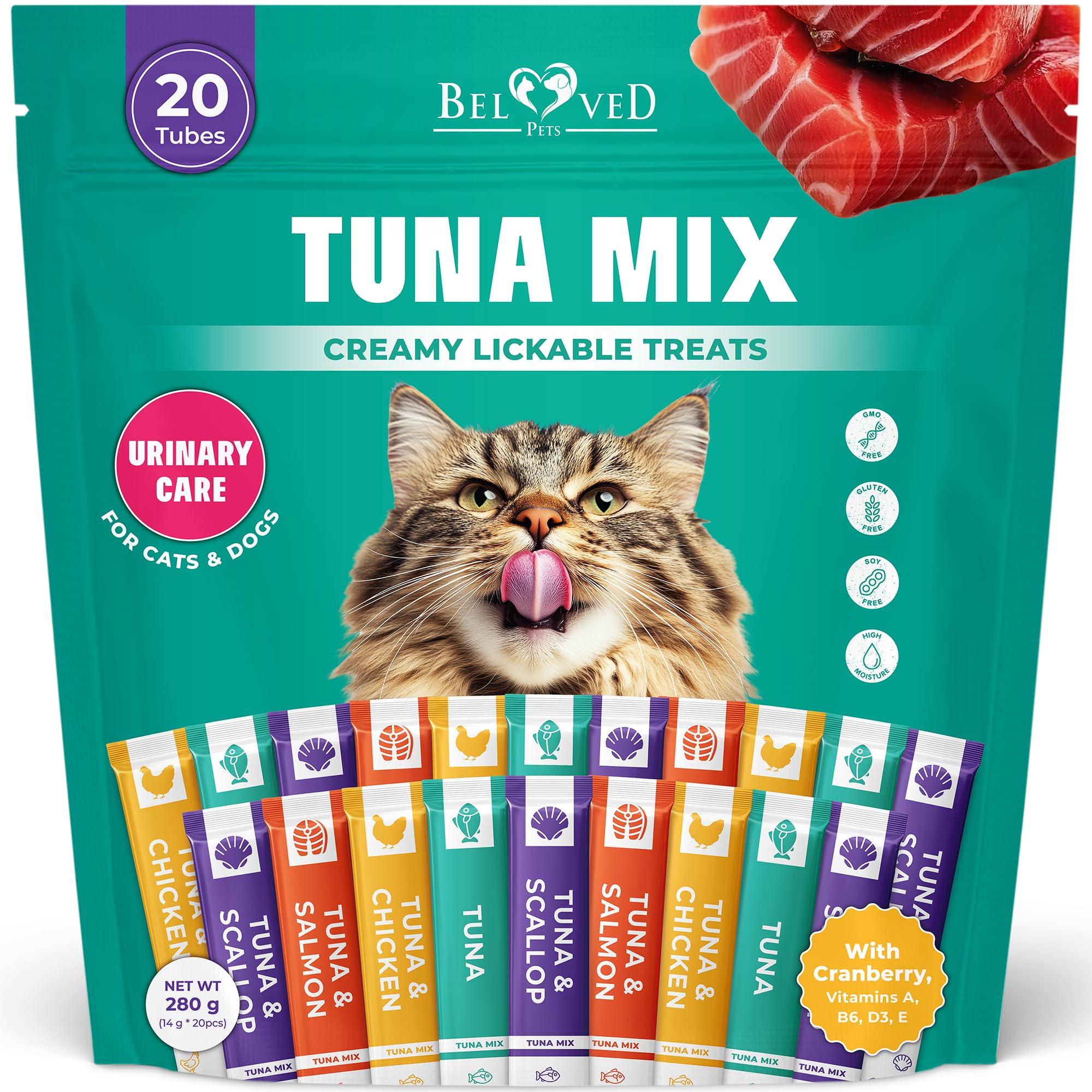 Beloved Pets CreamyTuna Tube packaging highlights premium tuna paste for convenient daily treats