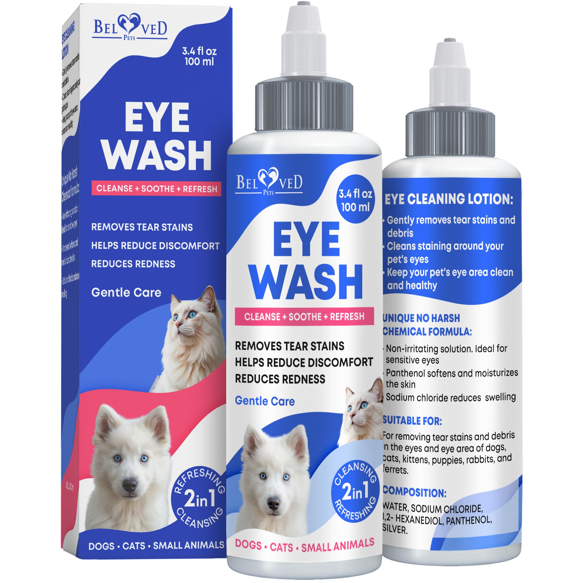 Beloved Pets dog eye drops bottle shown for soothing irritation and tear stain management.