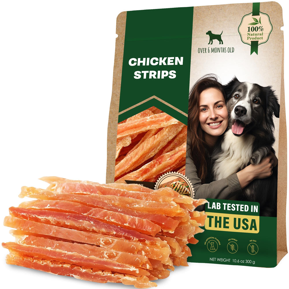 Beloved Pets packaging image featuring chicken jerky strips, USA-made, ideal for training rewards.