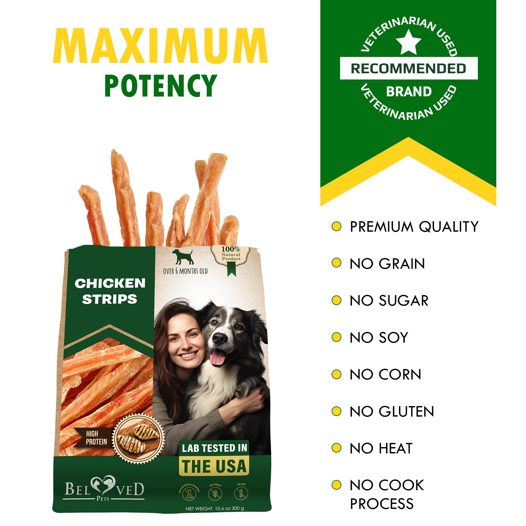 Beloved Pets protein and coat image, chicken jerky rich in protein supporting a healthy coat.