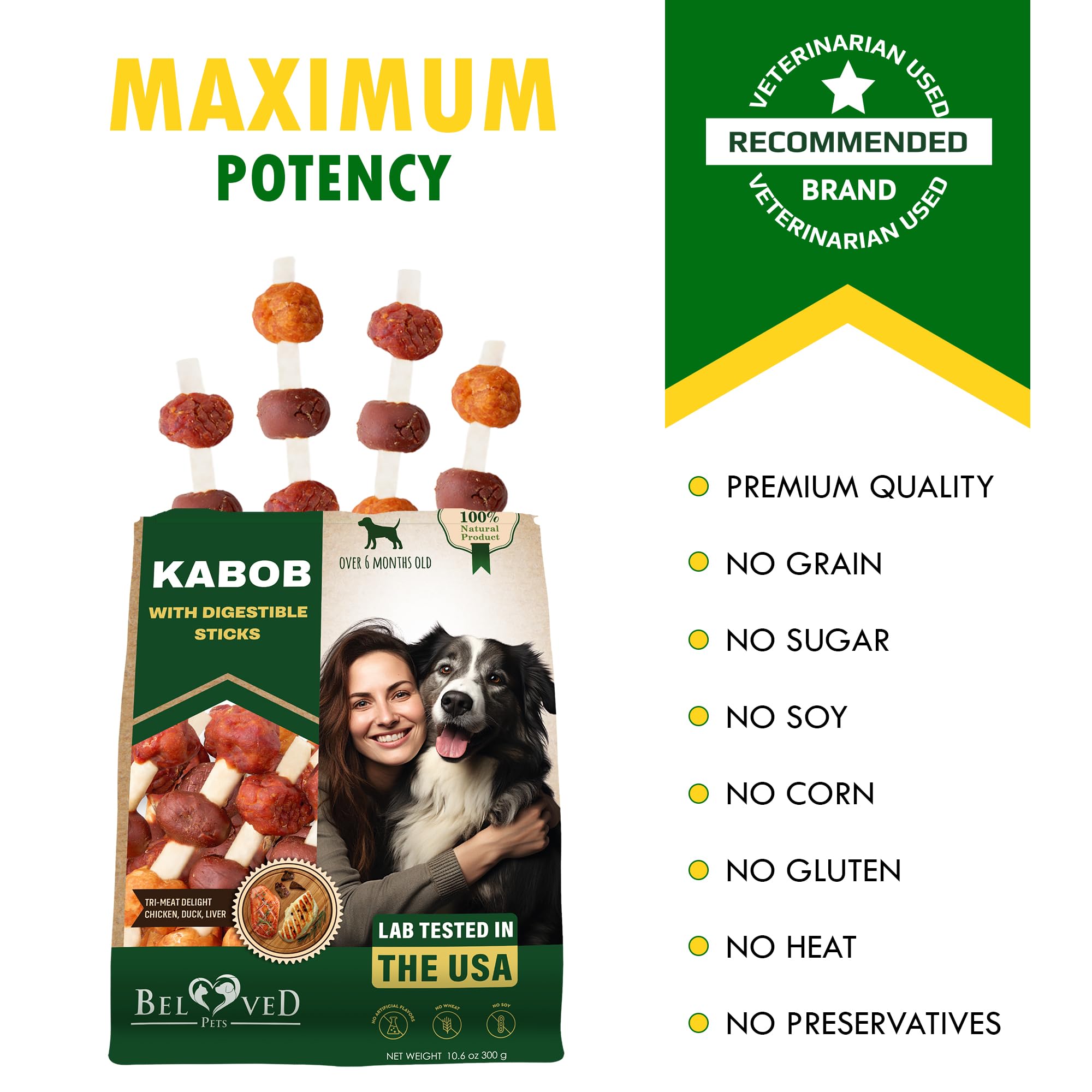 Beloved Pets protein-rich duck and chicken kabobs for healthy coat shine