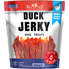 Beloved Pets Duck Jerky bulk bag shows value for training rewards and daily chews