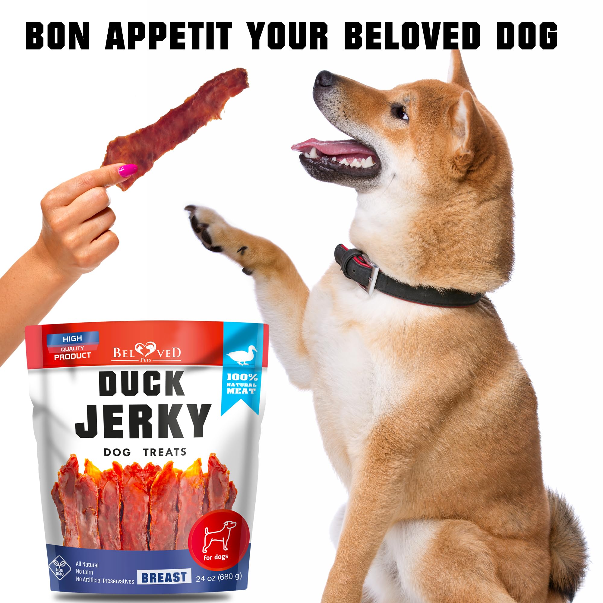 Beloved Pets Duck Jerky nutrition label highlights grain-free and protein focus