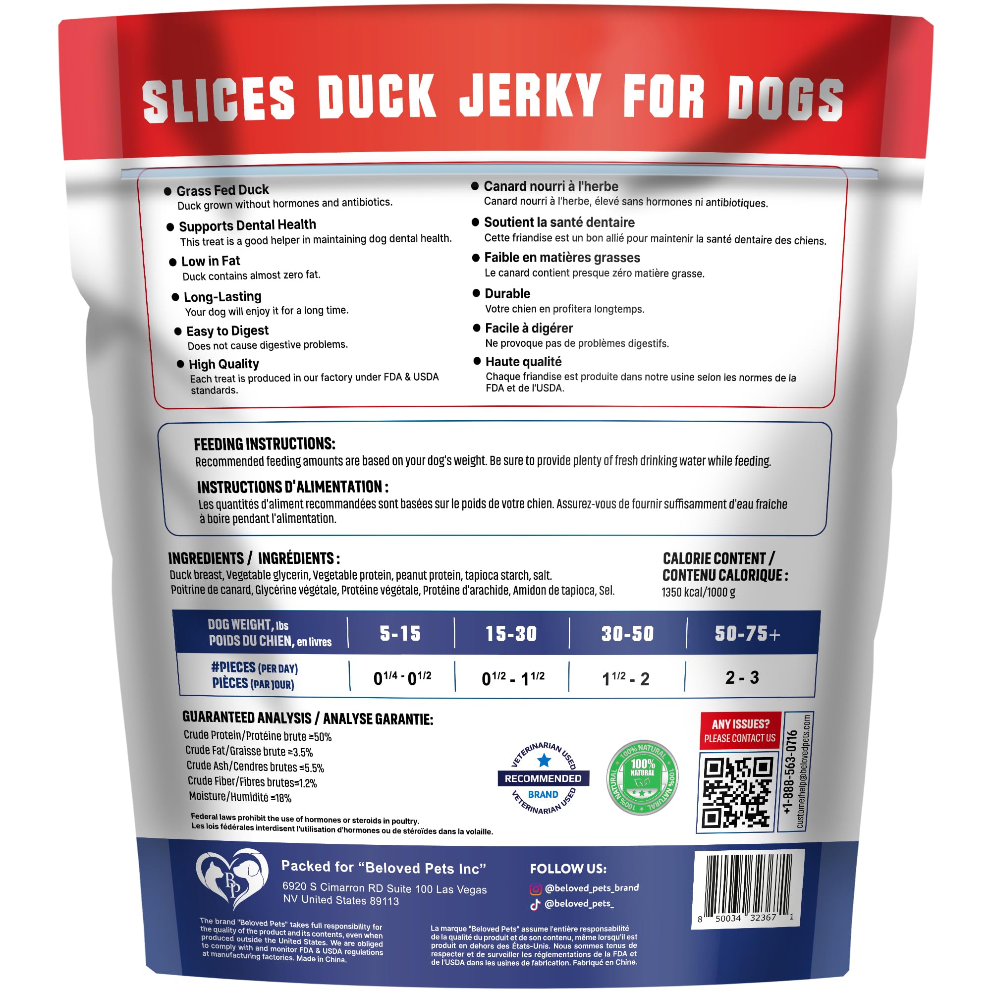 Beloved Pets Duck Jerky package open reveals wholesome real-meat ingredients