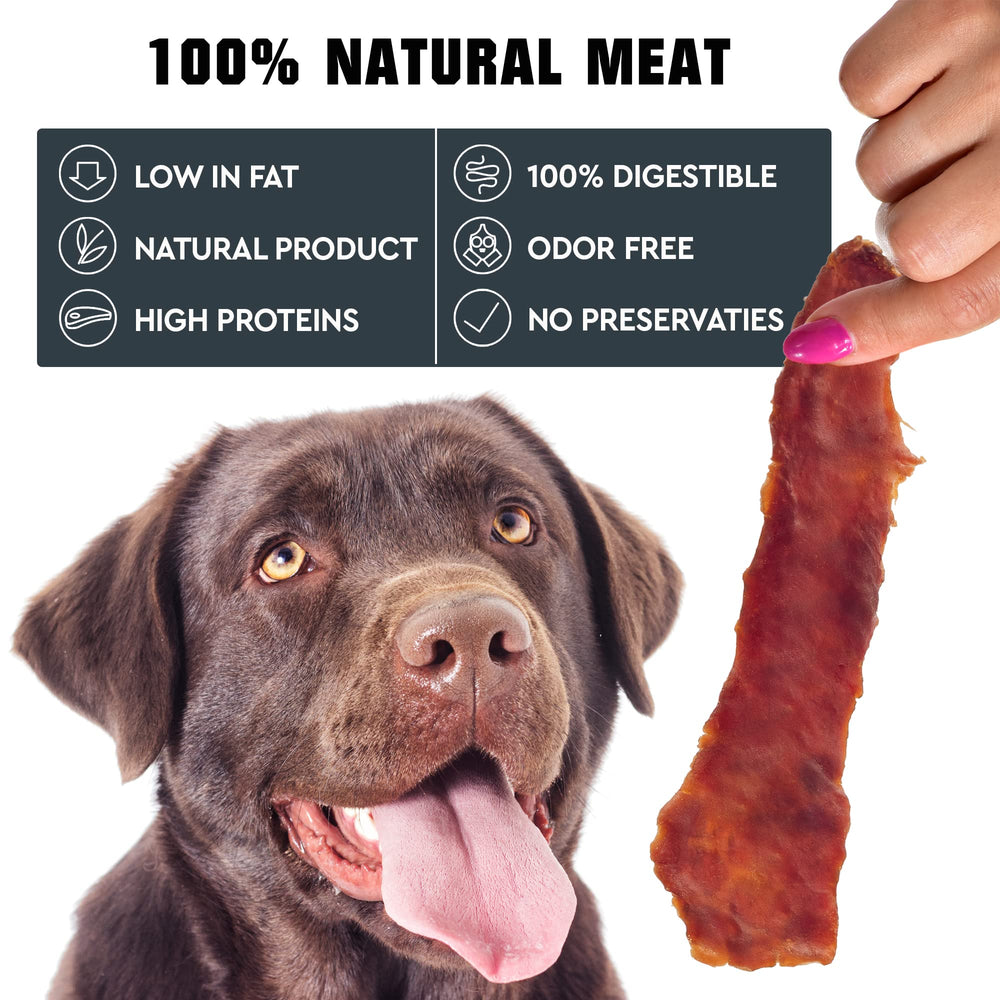 Beloved Pets Duck Jerky texture closeup highlights chewy, satisfying bite