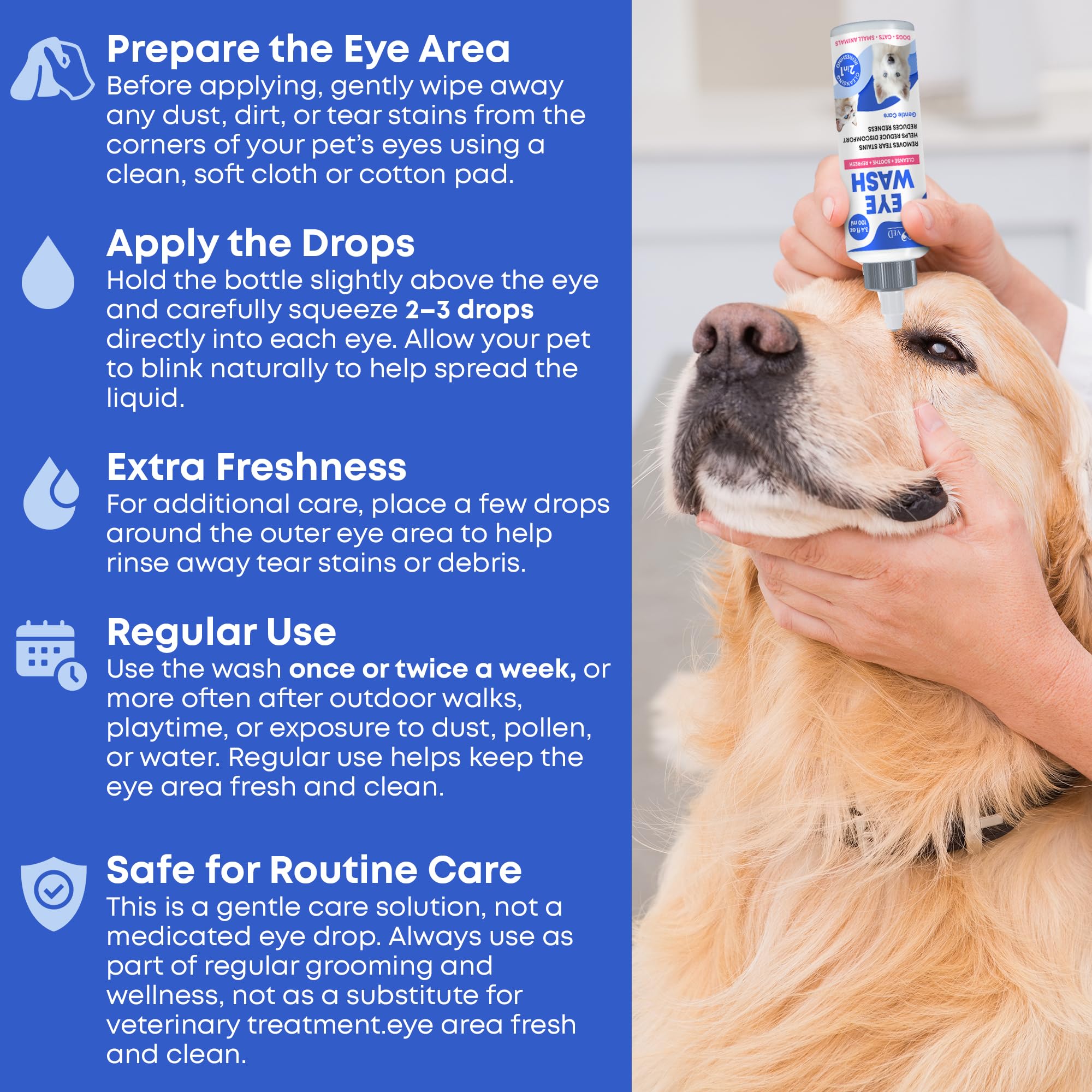 Beloved Pets eye-care-packaging shot communicates safety-first pets cleaning solution and easy-to-use bottle.