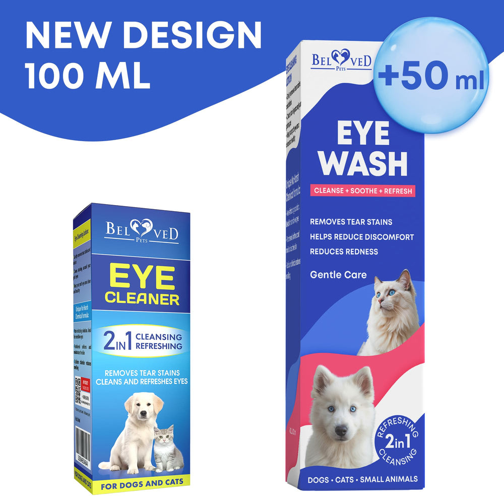 Beloved Pets eye-wash-flush photo highlights quick, mild cleaning around eyes when goop accumulates.