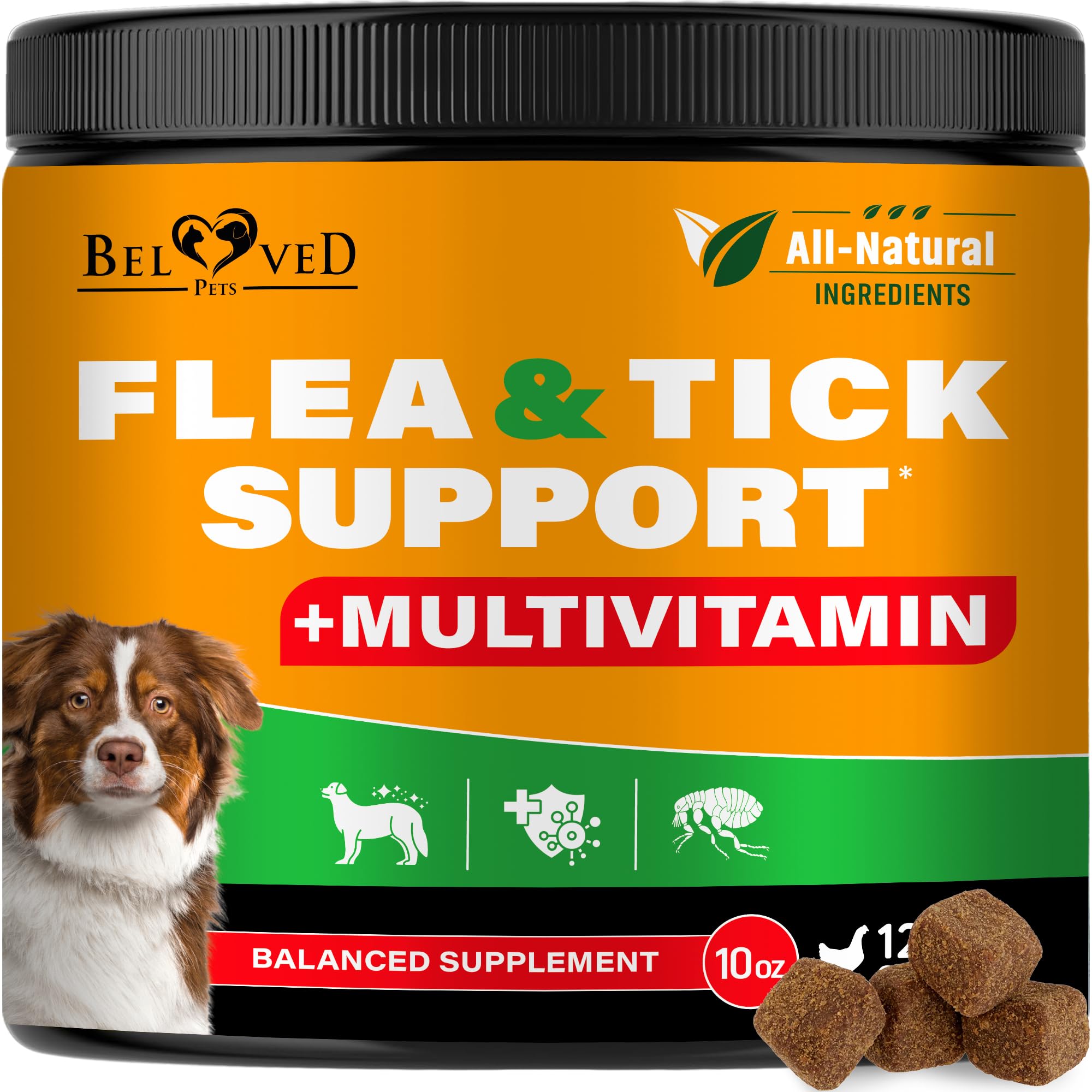 Beloved Pets flea tick chew bottle for convenient daily protection.