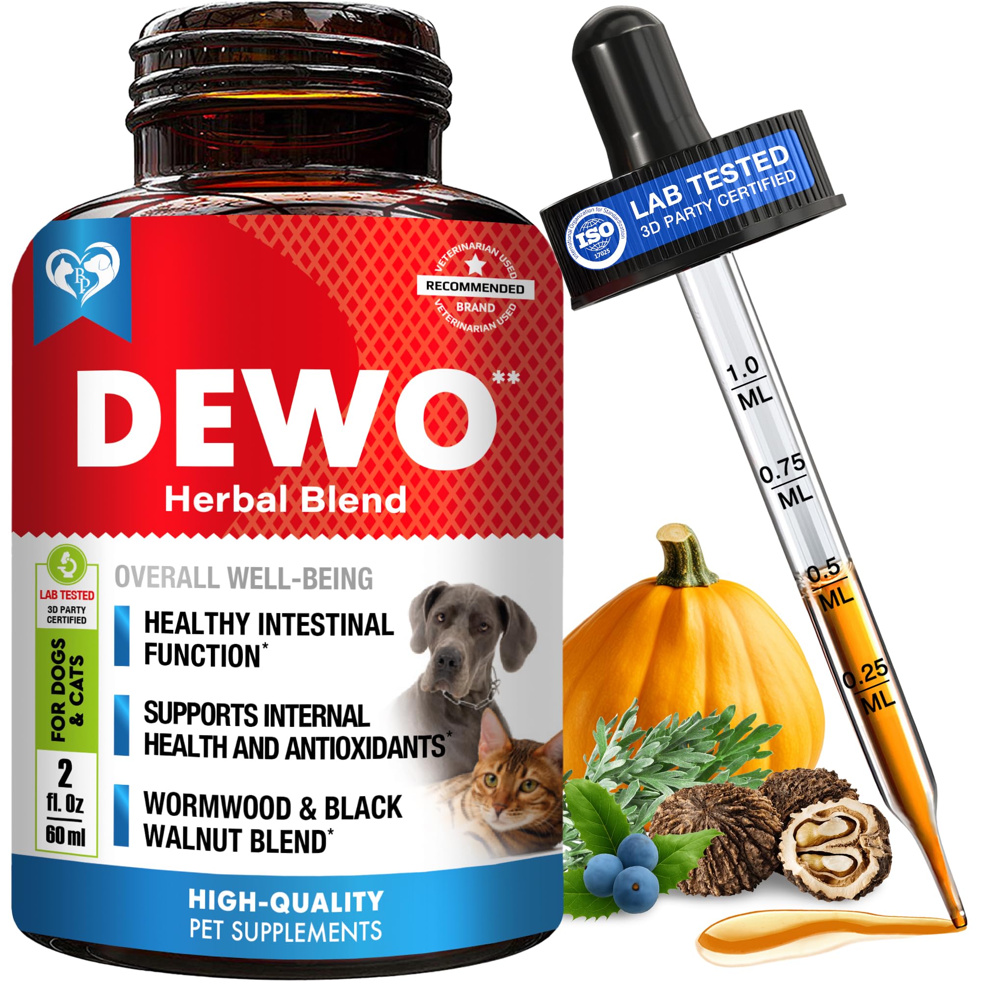 Beloved Pets Natural Intestinal Defense bottle label highlighting herbal gut support.