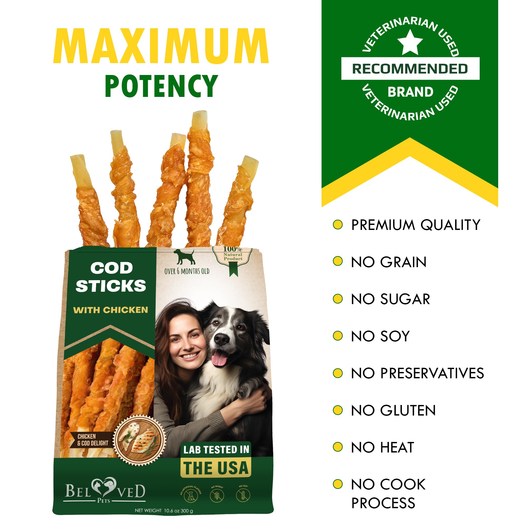 Beloved Pets omega-3 rich chew—supports healthy skin and coat texture.