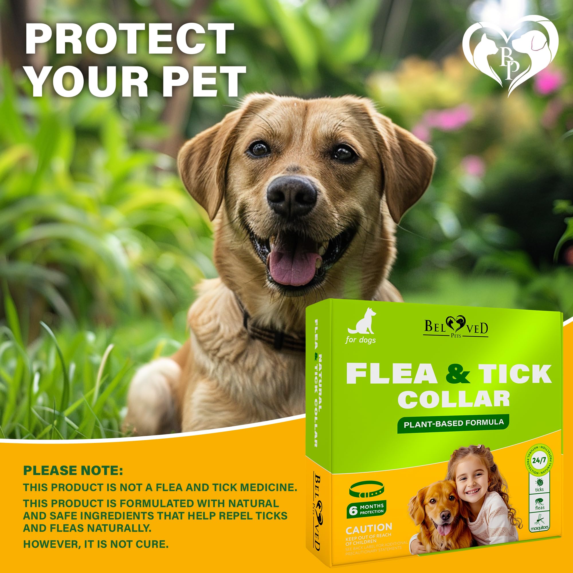 Plant-oil formula label on Beloved Pets dog collar for natural deterrence.