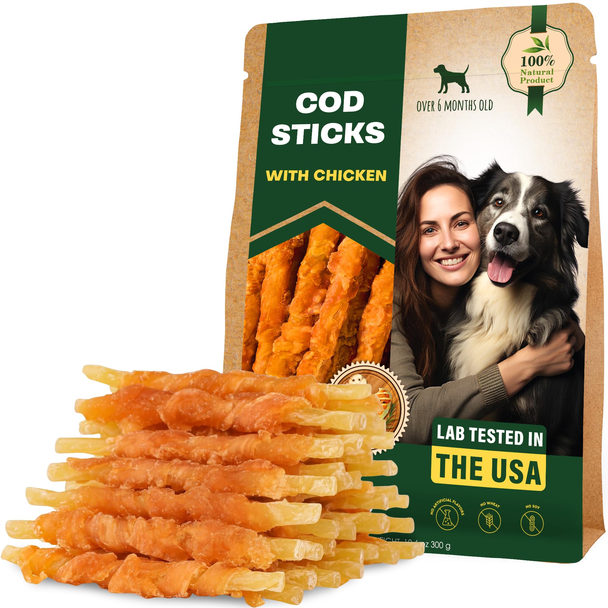 Beloved Pets rawhide-free cod sticks bag—long-lasting chew for dental care and satisfaction.