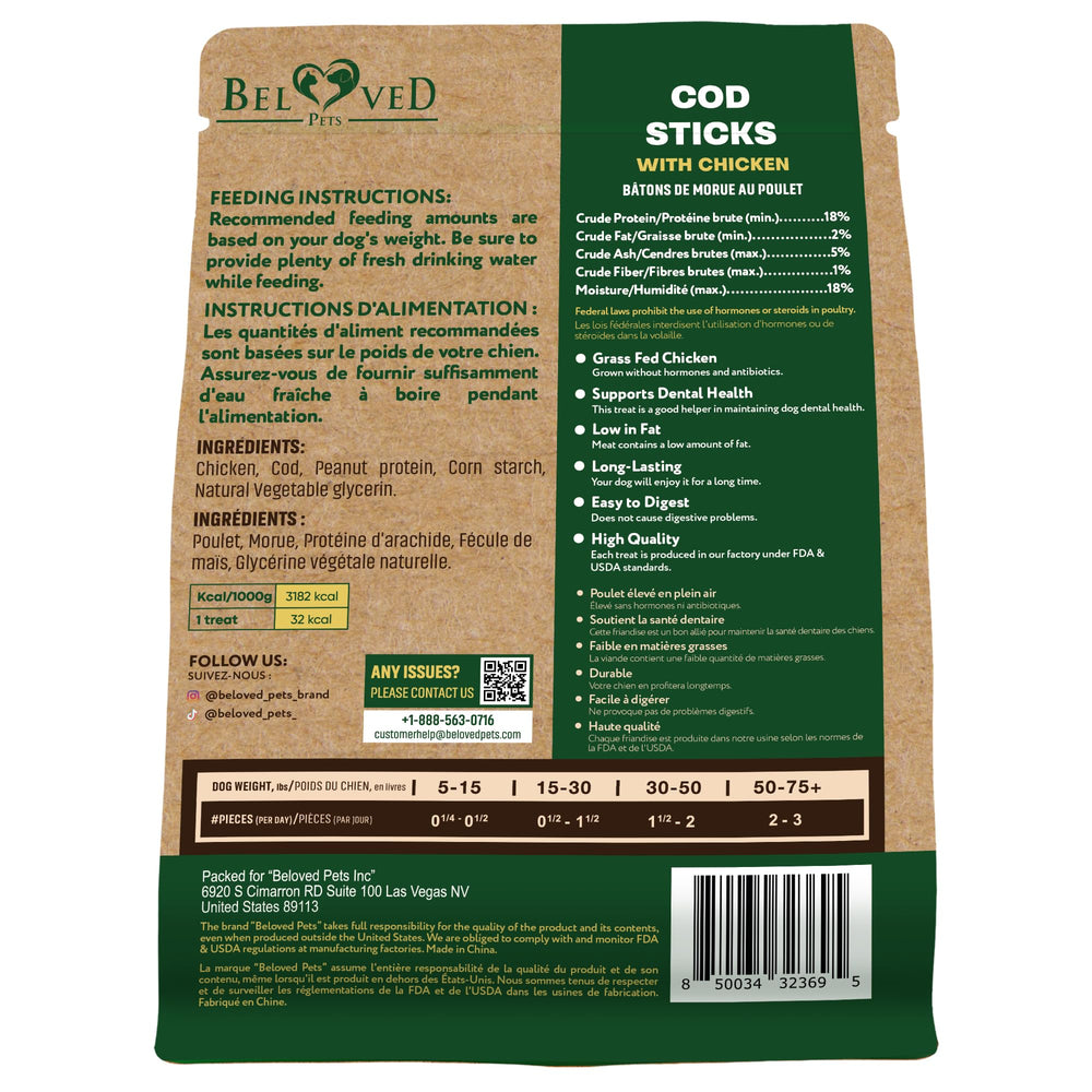 Beloved Pets rawhide-free cod sticks serving plate—protein-rich treat for happy playtime.