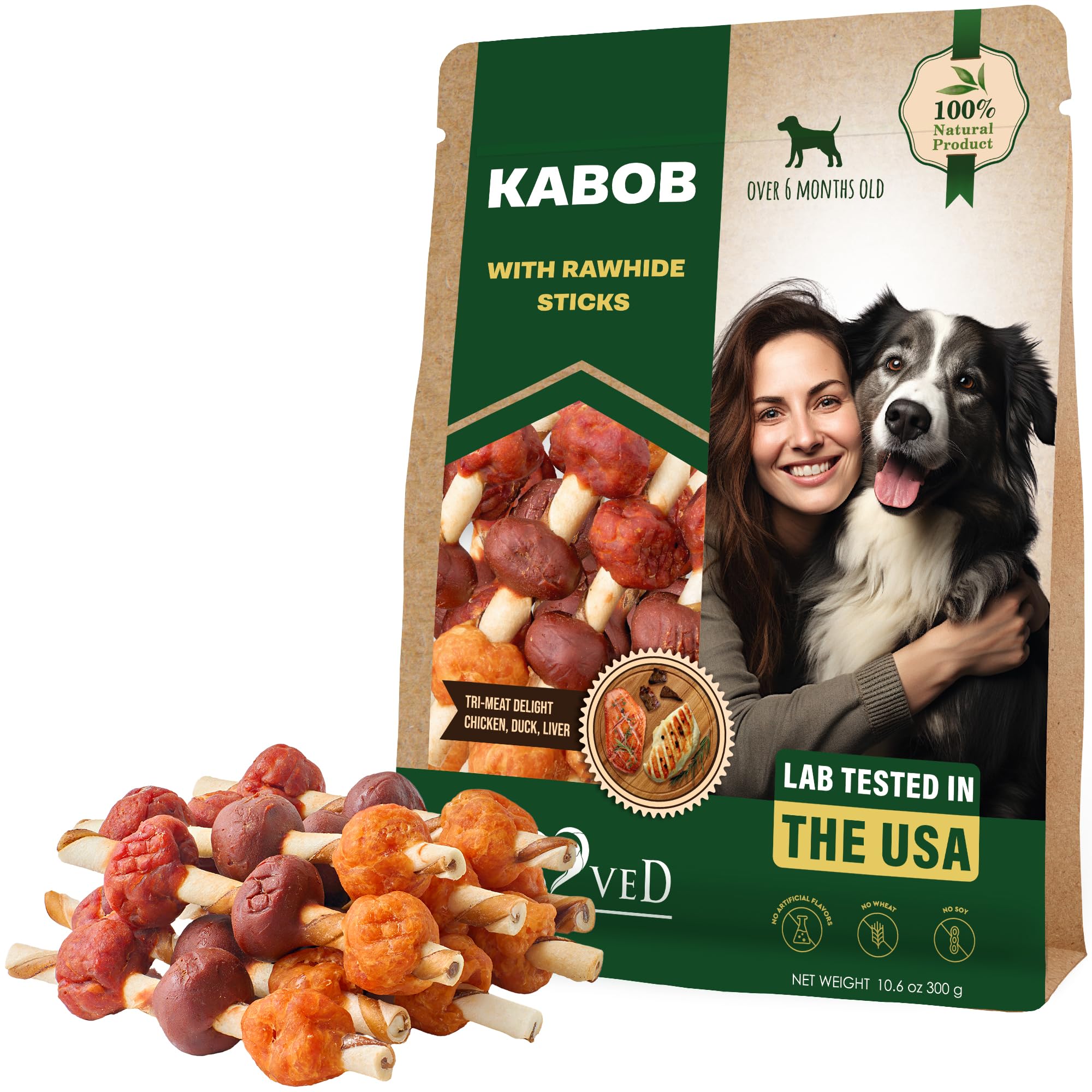 Beloved Pets Rawhide Kabobs wrap image shows rawhide with chicken, ideal for long-lasting chews.